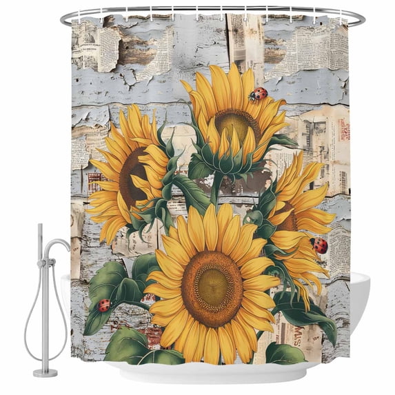 Sunflowers Shower Curtain, Waterproof Shower Curtains for Bathroom, Country Vintage Botanical Flowers Newspaper Washable Fabric Bathtub Curtain Set Bath Decor with 12 Hooks Stall 36"x72"