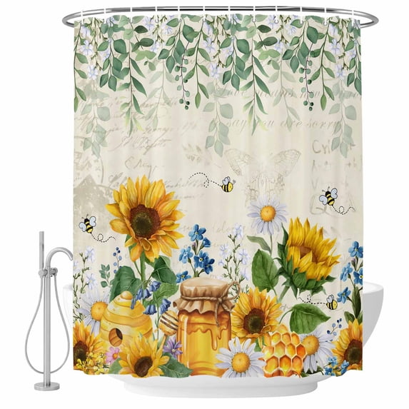 Sunflowers Shower Curtain, Waterproof Shower Curtains for Bathroom, Floral Green Leaves Bees Watercolor Washable Fabric Bathtub Curtain Set Bath Decor with 12 Hooks Long 72"x84"