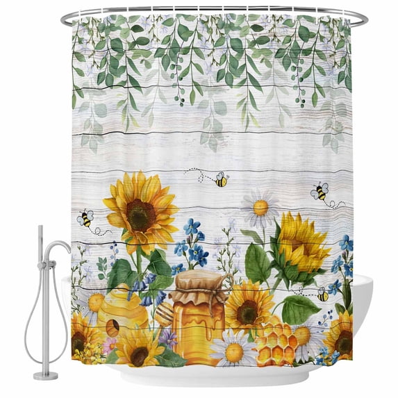 Sunflowers Shower Curtain, Waterproof Shower Curtains for Bathroom, Floral Green Leaves Bees Watercolor Wooden Washable Fabric Bathtub Curtain Set Bath Decor with 12 Hooks Extra Long 72"x96"
