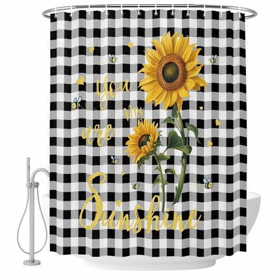 Sunflowers Shower Curtain, Waterproof Shower Curtains for Bathroom, Spring Summer Bees Floral Black Plaid Washable Fabric Bathtub Curtain Set Bath Decor with 12 Hooks 48"x72"