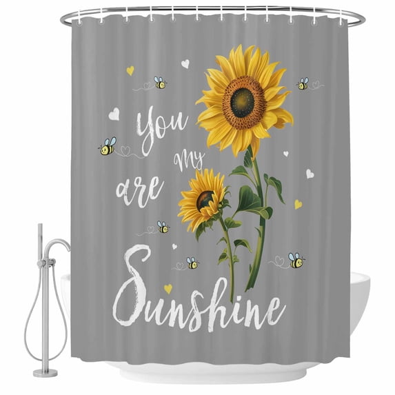 Sunflowers Shower Curtain, Waterproof Shower Curtains for Bathroom, Spring Summer Bees Yellow Floral Grey Washable Fabric Bathtub Curtain Set Bath Decor with 12 Hooks Stall 36"x72"