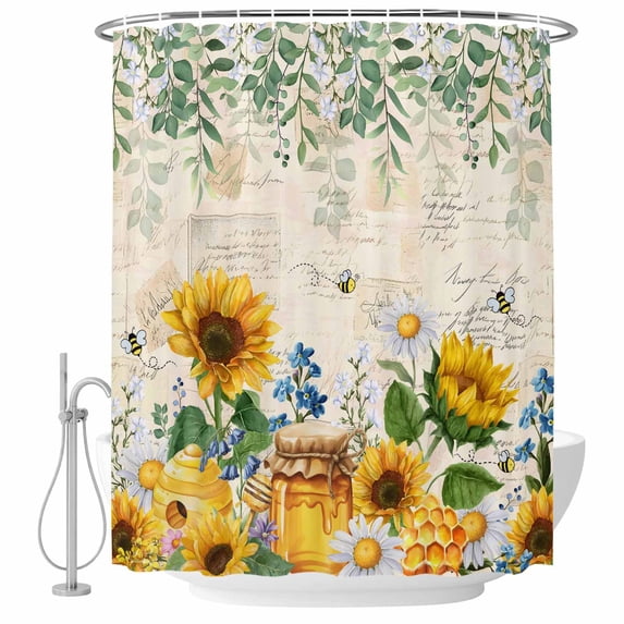 Sunflowers Shower Curtain, Waterproof Shower Curtains for Bathroom, Yellow Floral Bees Green Leaves Watercolor Washable Fabric Bathtub Curtain Set Bath Decor with 12 Hooks Long 72"x84"