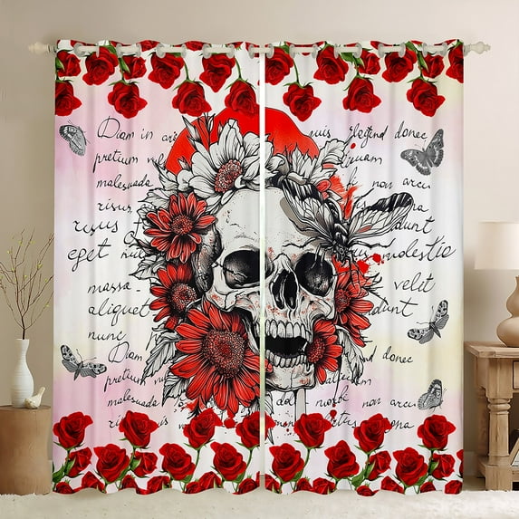 Sunflowers Skull Window Curtains 2 Panels 52Wx84L Romantic Red Rose Vintage Flowers Window Drapes Teens Adults Wild Butterfly Gothic Style Curtains for Living Room