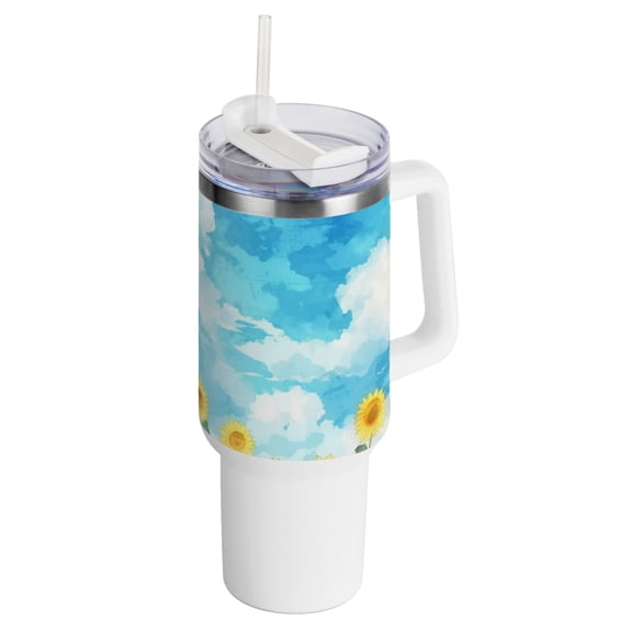 Sunflowers Sky 40 oz Tumbler with Handle InsulatedTravel MugLid Straw Leak Proof Steel Vacuum Water Bottles Glasses Fits in Car Cup Holder