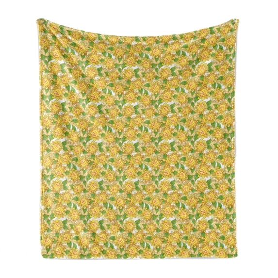 Sunflowers Soft Flannel Fleece Throw Blanket, Rhythmic Watercolor Look Helianthus Green Leaves, Cozy Plush for Indoor and Outdoor Use, 60" x 80", Earth Yellow Multicolor, by Ambesonne