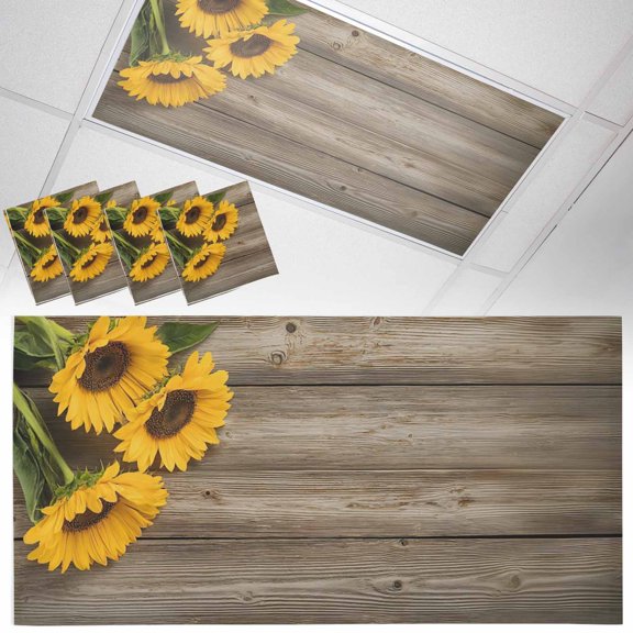 Sunflowers Spring Fluorescent Light Covers Yellow Floral Wooden Stripes Rustic Magnetic Light Filters Ceiling Lighting Panel Shade for Classroom Office Home 2 x 4 ft, 4 Pack