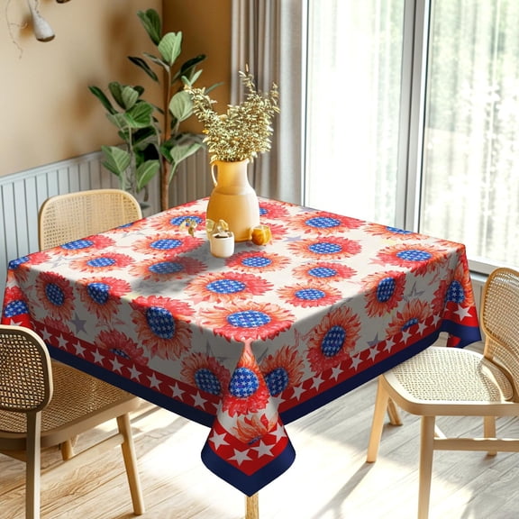 Sunflowers Square Table Cloth Thanksgiving Tablecloth 4th of July Table Cover Red Flower Outdoor Tablecloth Washable Table Cloths Stars Table Mat for Living Room Kitchen Picnic(52x52inch)