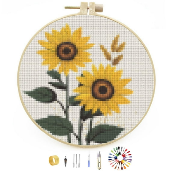 Sunflowers Stamped Cross Stitch Kits for Beginners with Hoop Simple Patterns 11CT Counted Embroidery Needlepoint Crafts Arts for DIY Enthusiasts and Home Decor 26x26cm