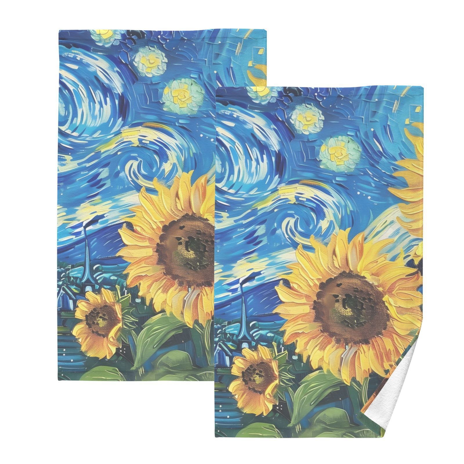 Sunflowers Starry Sky Hand Towels Cotton Bath Towels Large Face Towels Absorbent for Bathroom 2 Packs