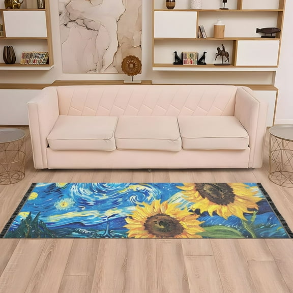 Sunflowers Starry Sky Runner Rug Non-Slip Area Rugs Linen Washable Non Shedding for Kitchen Bedroom Carpet