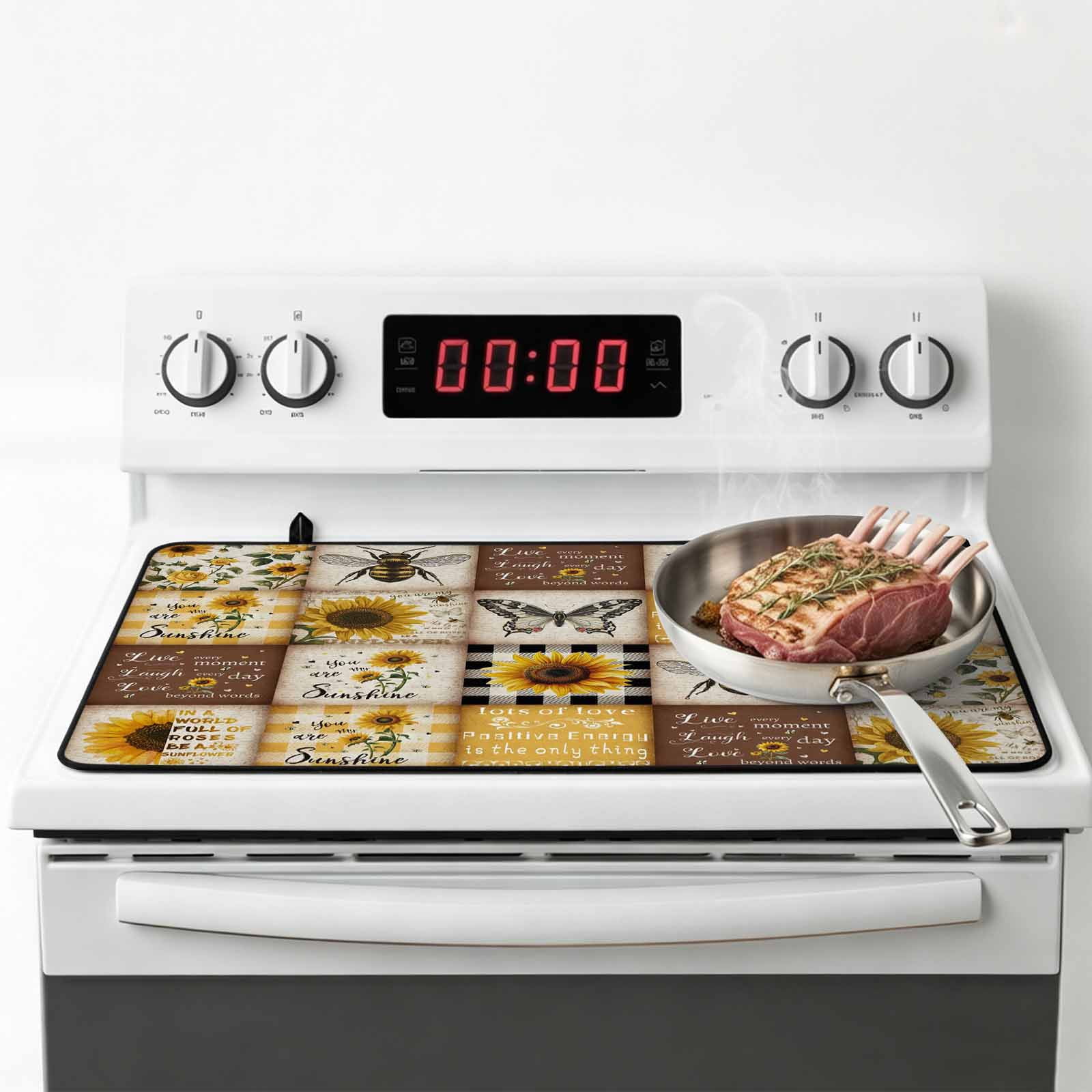 Sunflowers Stove Top Cover for Electric Stove, Heat-proof & Non Slip Glass Top Stove Cover Protector, Retro Country Butterfly Bee Floral Plaid Kitchen Flat Cooktop Rubber Mat 24x21 Inches
