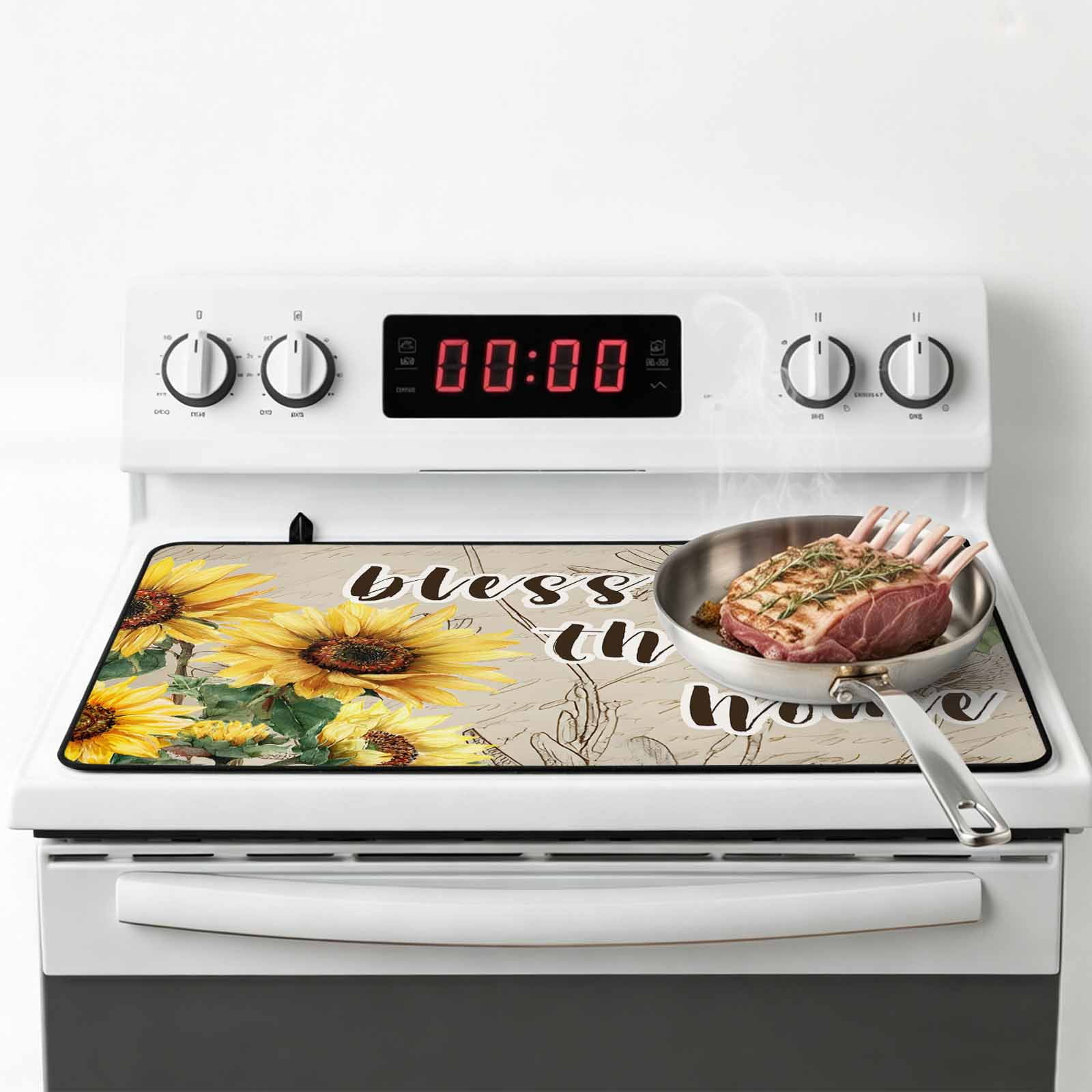 Sunflowers Stove Top Cover for Electric Stove, Heat-proof & Non Slip Glass Top Stove Cover Protector, Spring Farmhouse Flowers Dragonflies Retro Kitchen Flat Cooktop Rubber Mat 24x21 Inches