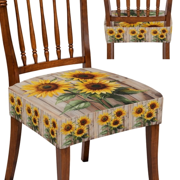 Sunflowers Stretch Dining Chair Seat Covers Set of 4, Farmhouse Wooden Grain Botanical Floral Washable Chair Seat Protector, Decorative Dinning Room Kitchen Chairs Cushion Slipcovers