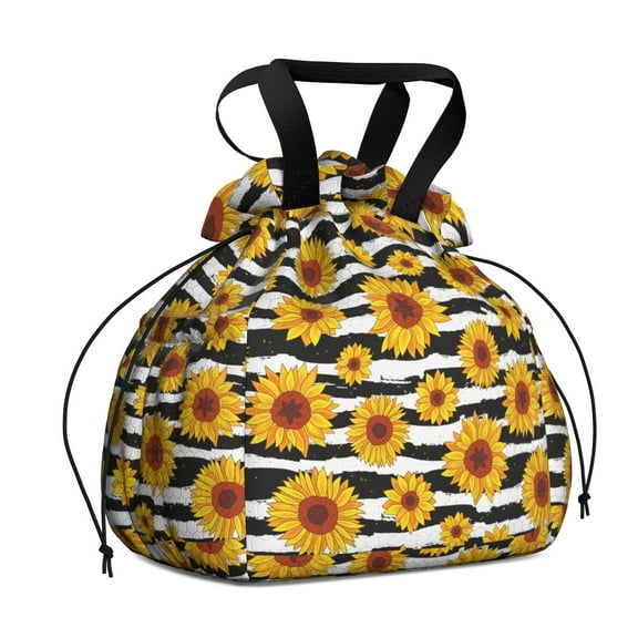 Sunflowers Striped Black and White Drawstring Lunch Bag Women - Drawstring Lunch Bag Insulated for Work Office - Stain-Resistant Large Lunchbags for Women with Multi-Pockets