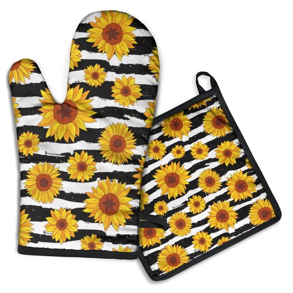 Sunflowers Striped Black and White Kitchen Oven Mitt and Pot Holder Sets 2 Pcs for Baking, Cooking and Grilling, Heat Resistant Up To 392 °F