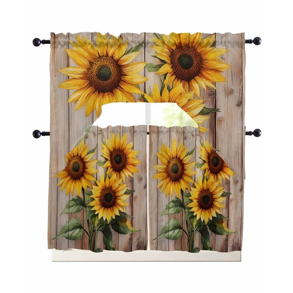 Sunflowers Swag Curtains for Living Room/Bedroom Windows, Farmhouse Wooden Grain Botanical Floral Kitchen Curtains and Valances Set 36 Inch Length, Light Filtering Swags Valance Curtain Panels