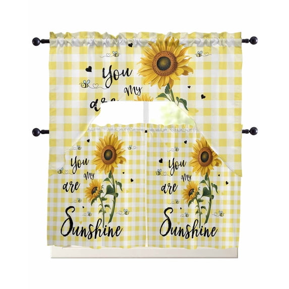 Sunflowers Swag Curtains for Living Room/Bedroom Windows, Spring Summer Bees Floral Yellow Plaid Kitchen Curtains and Valances Set 36 Inch Length, Light Filtering Swags Valance Curtain Panels