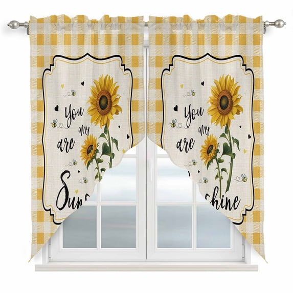 Sunflowers Swag Valances for Windows 2 Pack, Kitchen Window Curtains 36 Inch Length, Yellow Floral Botanical Checkered Rustic Privacy Swag Curtains for Living Room/Bathroom with Rod Pocket 36"x36"