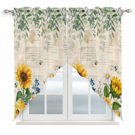 Sunflowers Swag Valances for Windows, Kitchen Curtains 36 Inch Length 2 Panels Set, Yellow Floral Bees Green Leaves Watercolor Short Curtains for Small Windows Rod Pocket Cafe Curtains Drapes 28"x36"