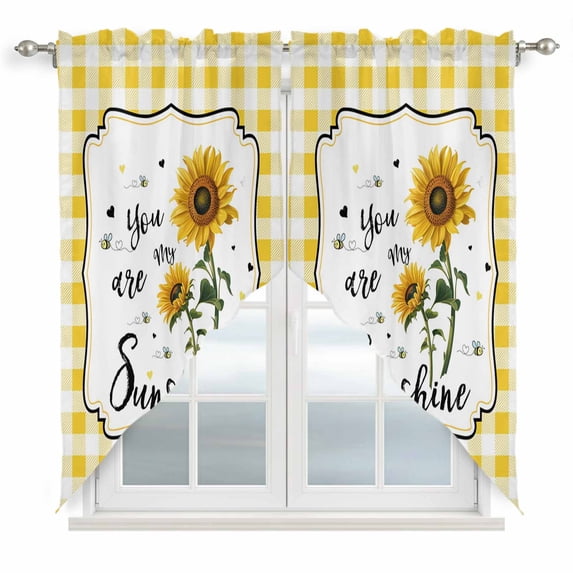 Sunflowers Swag Valances for Windows, Kitchen Window Curtains Over Sink, Yellow Floral Botanical Checkered Farmhouse Window Treatment Curtains for Living Room/Bedroom Curtains 2 Panel Sets 36"x45"