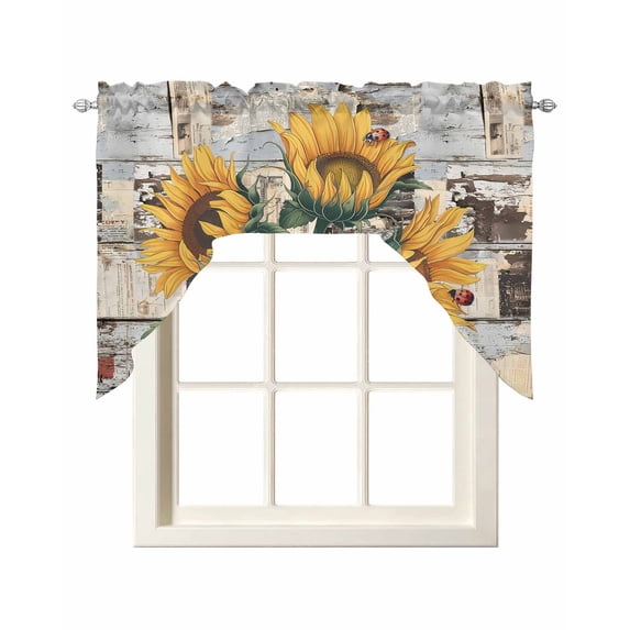 Sunflowers Swag Valances for Windows, Small Curtains Drapes, Country Vintage Botanical Flowers Newspaper Kitchen Window Curtains Over Sink Window Treatment Valance for Bedroom/Bathroom 56"x36"