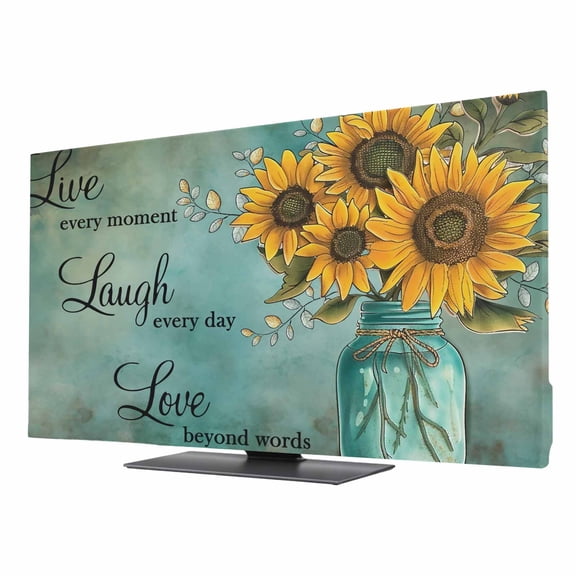Sunflowers TV Dust Cover 24 Inch, Laugh Live Love Retro Turquoise Background Computer Monitor Cover Dustproof Stretchable Indoor TV Screen Protector for LED LCD Universal Monitors