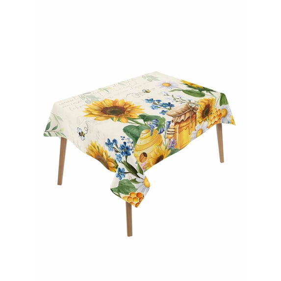 Sunflowers Table Cloth, Waterproof Tablecloth for Rectangle Tables, Floral Green Leaves Bees Watercolor Reusable Washable Fabric Table Cover for Restaurant Kitchen Dining Tables 60"x102"