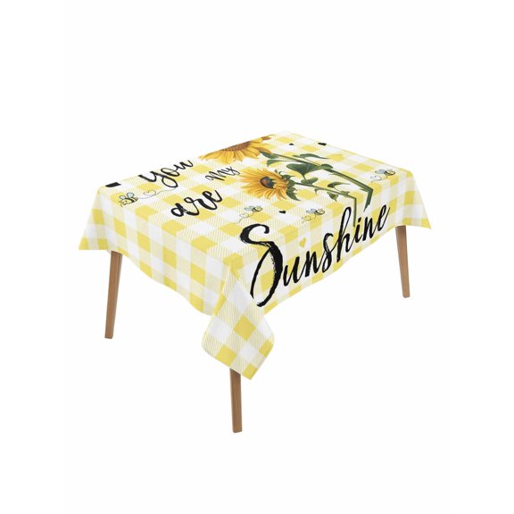 Sunflowers Table Cloth, Waterproof Tablecloth for Rectangle Tables, Spring Summer Bees Floral Yellow Plaid Reusable Washable Fabric Table Cover for Restaurant Kitchen Dining Tables 60"x84"