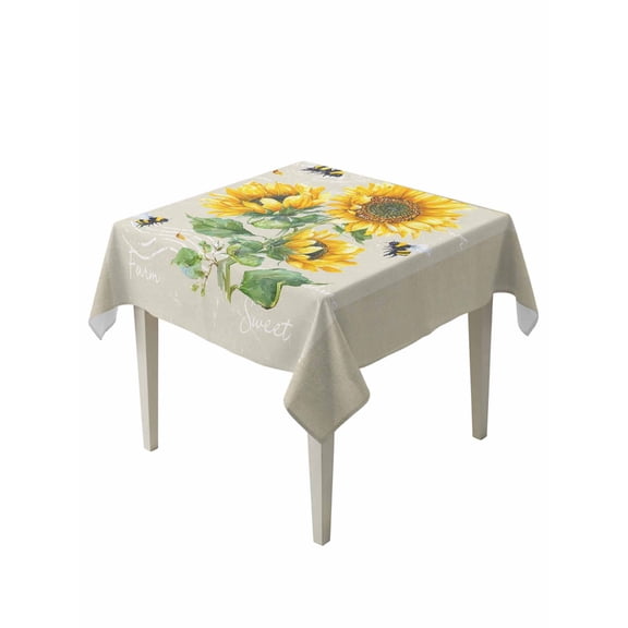 Sunflowers Table Cloth, Waterproof Tablecloth for Square Tables, Farmhouse Botanical Yellow Flowers Bee Retro Reusable Washable Fabric Table Cover for Restaurant Kitchen Dining Tables 60"x60"