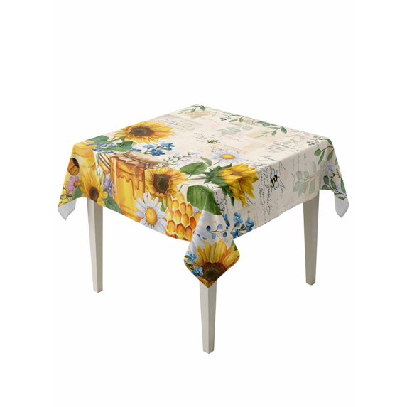 Sunflowers Table Cloth, Waterproof Tablecloth for Square Tables, Yellow Floral Bees Green Leaves Watercolor Reusable Washable Fabric Table Cover for Restaurant Kitchen Dining Tables 54"x54"