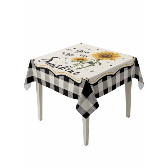 Sunflowers Table Cloth, Waterproof Tablecloth for Square Tables, Yellow Floral Botanical Black White Checkered Rustic Reusable Washable Fabric Table Cover for Restaurant Kitchen Dining Tables 60"x60"