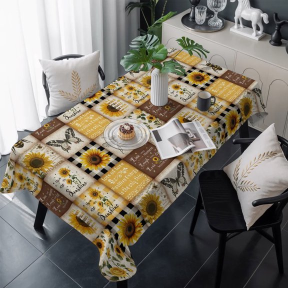 Sunflowers Table Cloth Waterproof Tablecloths, Retro Country Butterfly Bee Floral Plaid Tablecloth Dining Table Cover for Kitchen Party Tabletop Outdoor, Rectangle Tablecloth 54x108 Inch