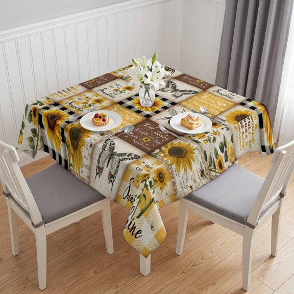 Sunflowers Table Cloth Waterproof Tablecloths, Retro Country Butterfly Bee Floral Plaid Tablecloth Dining Table Cover for Kitchen Party Tabletop Outdoor, Square Tablecloth 54x54 Inch