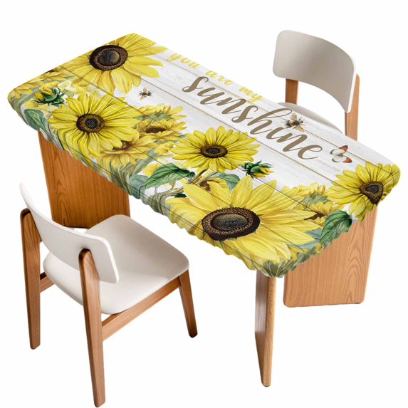Sunflowers Table Cloths for 3 Foot Rectangle Tables, Country Spring Botanical Flowers Bee Wooden Patio Waterproof Elastic Fitted Tablecloths, Washable Rectangular Table Cover for Camping