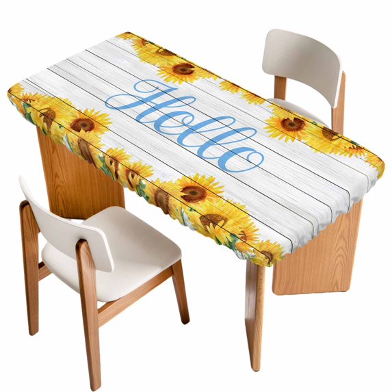 Sunflowers Table Cloths for 3 Foot Rectangle Tables, Yellow Flowers Summer Botanical Pastoral Wooden Patio Waterproof Elastic Fitted Tablecloths, Washable Rectangular Table Cover for Camping