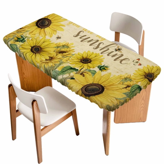 Sunflowers Table Cloths for 4 Foot Rectangle Tables, Retro Spring Botanical Blossom Flowers Bees Patio Waterproof Elastic Fitted Tablecloths, Washable Rectangular Table Cover for Camping