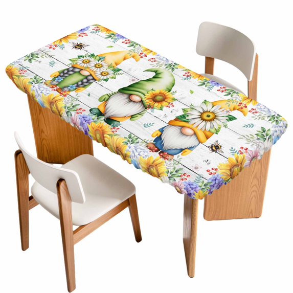 Sunflowers Table Cloths for 4 Foot Rectangle Tables, Spring Flowers Gnomes Hydrangea Daisy Wood Patio Waterproof Elastic Fitted Tablecloths, Washable Rectangular Table Cover for Camping
