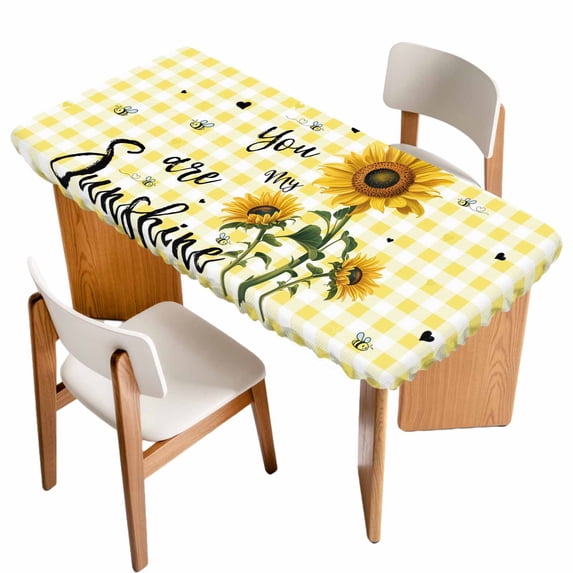 Sunflowers Table Cloths for 4 Foot Rectangle Tables, Spring Summer Bees Floral Yellow Plaid Patio Waterproof Elastic Fitted Tablecloths, Washable Rectangular Table Cover for Camping
