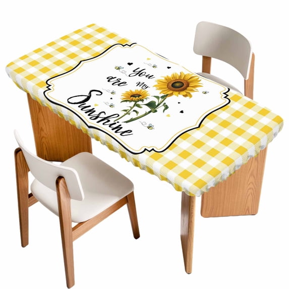 Sunflowers Table Cloths for 4 Foot Rectangle Tables, Yellow Floral Botanical Checkered Farmhouse Patio Waterproof Elastic Fitted Tablecloths, Washable Rectangular Table Cover for Camping