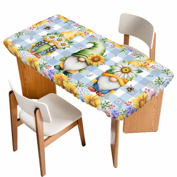 Sunflowers Table Cloths for 5 Foot Rectangle Tables, Spring Gnomes Daisy Hydrangea Flowers Blue Plaid Patio Waterproof Elastic Fitted Tablecloths, Washable Rectangular Table Cover for Camping