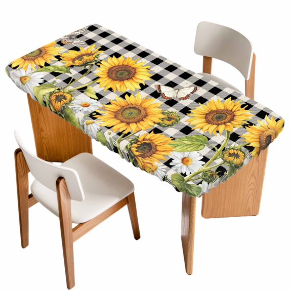 Sunflowers Table Cloths for 5 Foot Rectangle Tables, Yellow Flowers Butterfly Farmhouse Black Plaid Patio Waterproof Elastic Fitted Tablecloths, Washable Rectangular Table Cover for Camping