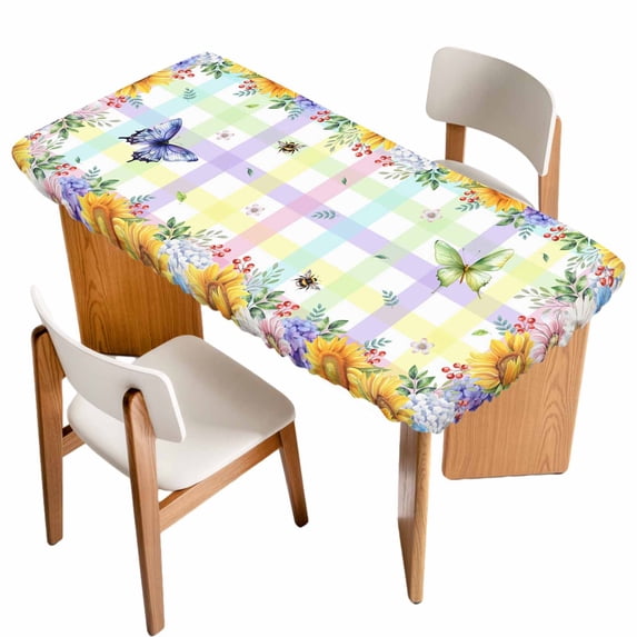 Sunflowers Table Cloths for 6 Foot Rectangle Tables, Spring Flowers Butterflies Hydrangea Watercolor Patio Waterproof Elastic Fitted Tablecloths, Washable Rectangular Table Cover for Camping