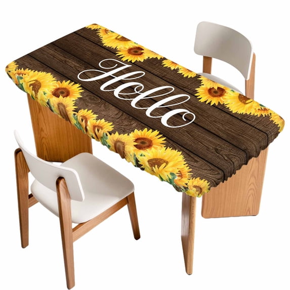 Sunflowers Table Cloths for 6 Foot Rectangle Tables, Yellow Summer Botanical Elegant Flowers Wooden Patio Waterproof Elastic Fitted Tablecloths, Washable Rectangular Table Cover for Camping