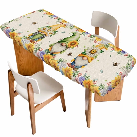 Sunflowers Table Cloths for 8 Foot Rectangle Tables, Spring Gnomes Hydrangea Daisy Botanical Beige Patio Waterproof Elastic Fitted Tablecloths, Washable Rectangular Table Cover for Camping