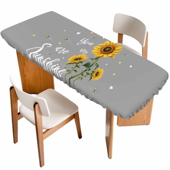 Sunflowers Table Cloths for 8 Foot Rectangle Tables, Spring Summer Bees Yellow Floral Grey Patio Waterproof Elastic Fitted Tablecloths, Washable Rectangular Table Cover for Camping