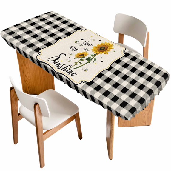 Sunflowers Table Cloths for 8 Foot Rectangle Tables, Yellow Floral Botanical Black White Checkered Rustic Patio Waterproof Elastic Fitted Tablecloths, Washable Rectangular Table Cover for Camping