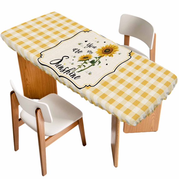 Sunflowers Table Cloths for 8 Foot Rectangle Tables, Yellow Floral Botanical Checkered Rustic Patio Waterproof Elastic Fitted Tablecloths, Washable Rectangular Table Cover for Camping