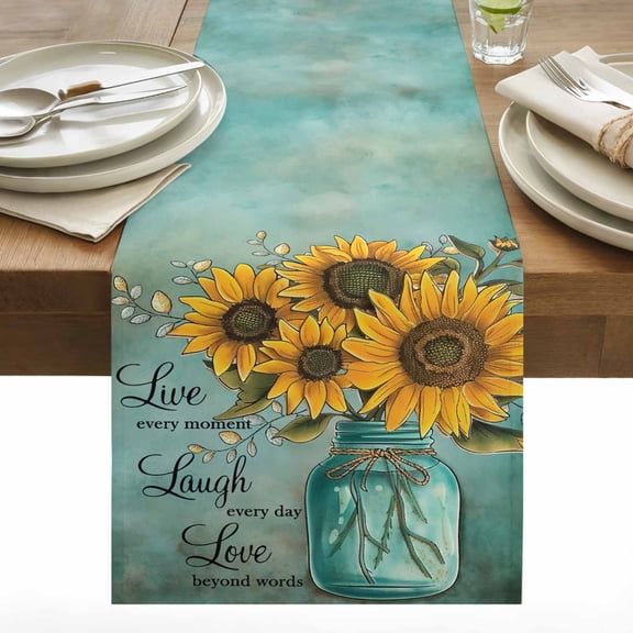 Sunflowers Table Runner 13x48 inch Laugh Live Love Cotton Linen Dining Table Runner Ideal for Dresser Kitchen Coffee Tables - Machine Washable