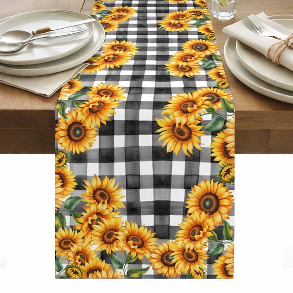 Sunflowers Table Runner - 48 Inch Long, Kitchen Dining Table Runner Dresser Scarves, Farmhouse Summer Floral Black White Plaid Farmhouse Decor for Coffee Tables Wedding Party Banquet