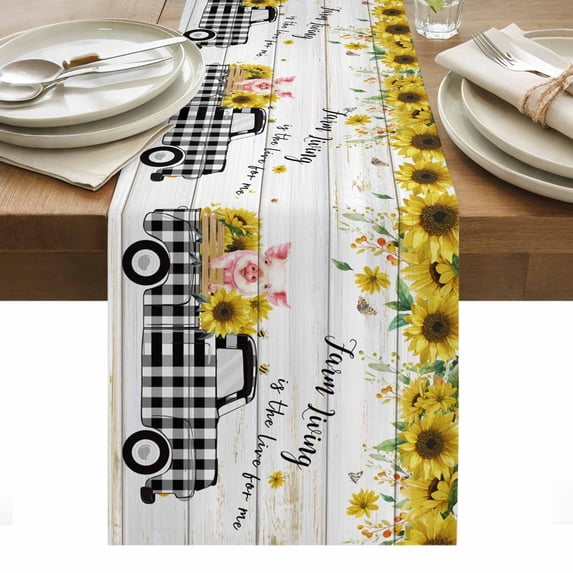 Sunflowers Table Runner - 48 Inch Long, Kitchen Dining Table Runner Dresser Scarves, Spring Botanical Truck Pig Wooden Grain Farmhouse Decor for Coffee Tables Wedding Party Banquet